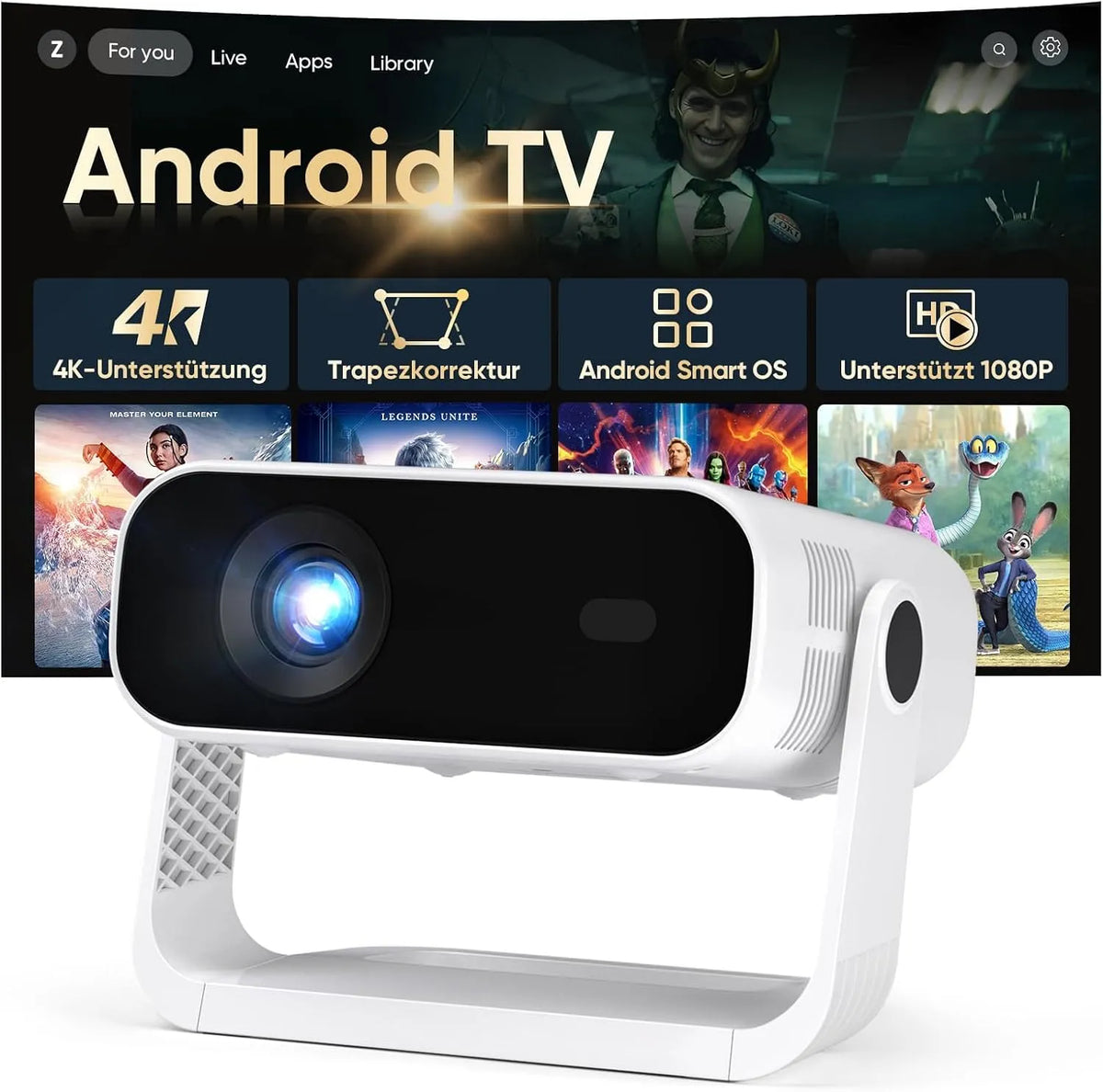 Wielio 4K-Dekodierung 1080P, Projektory, 2026 Nový inteligentní Mini Beamer integrovaný APP, Android 14, Podporuje a 4K, Šedá, 4K, 20000 l