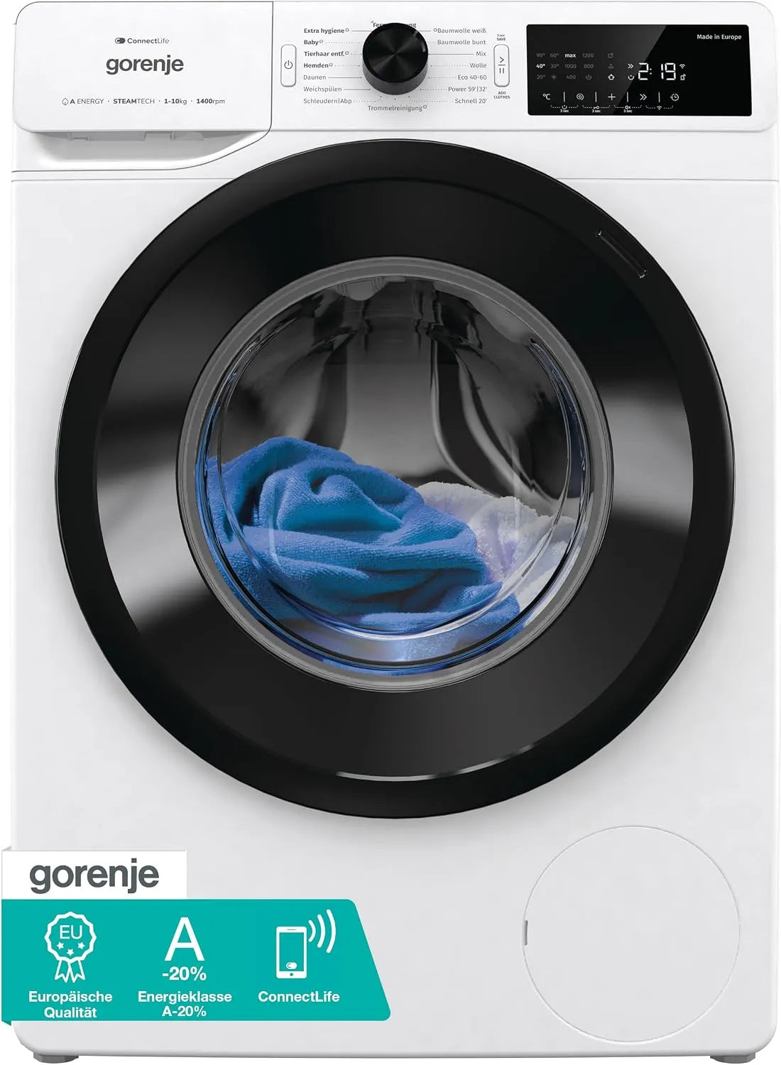 Gorenje WPAM14A2T A-20, Pračky, pračka s funkcí parní / konektové / 10Kg / 1400 ot. / 15 programy / Celkem, Stříbrná, 10Kg