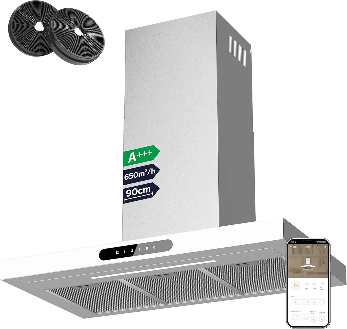 CIARRA CBCW9102, Nástěnné digestoře, Dynamic A + + + rozsah 90 cm cirkulační vzduch 709 m3 / h 56 dB, Černá / stříbrná, 90 cm, 56 dB, 59 dB