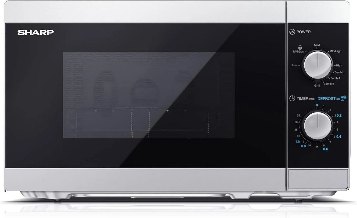 SHARP YC-MG01E-S, Mikrovlnné trouby s grilem, 2 v 1 mikrovlnné, 20L, stříbrná, 800W, 1000W gril, ruční ovládání, volné vysouvání, 2 v