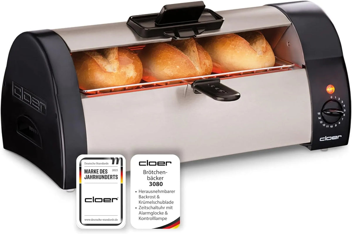 Cloer, Mini trouby, 3080 Pekařské výrobky pro pečení rolí, koláčů nebo kvasinkových částic 570 W, Stříbrná, 570 W, 125 l
