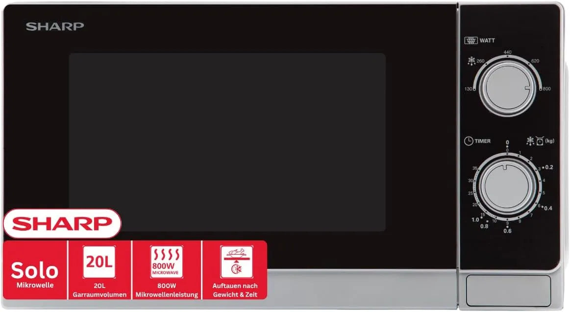 SHARP R200INW, Samostatné mikrovlnné trouby, Solo Mikrovlnná trouba 20 L 800 W 5 výkon Stages Silver, Stříbrná, 20 L, 800 W, 255 mm