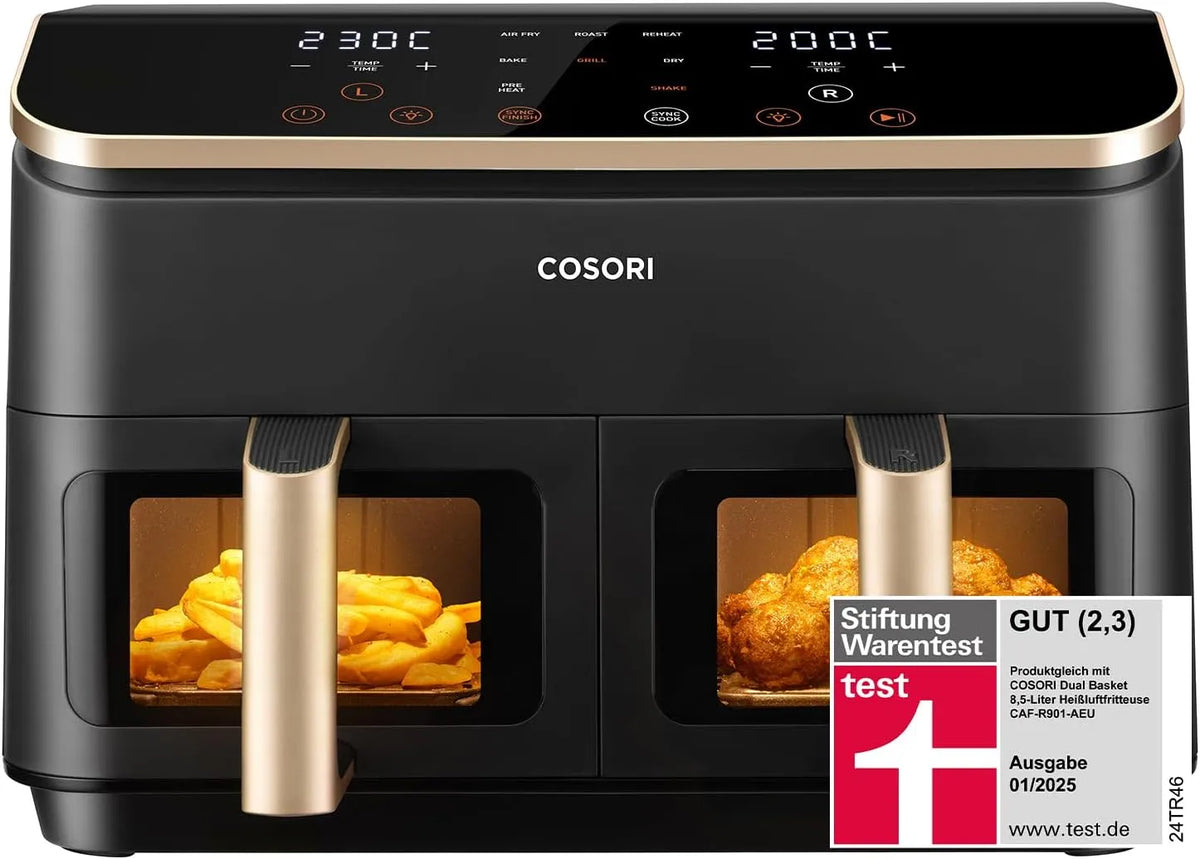 Cosori, Horkovzdušné fritézy, Airfrier, S výhledem okno, 8.5L teplý vzduch fritor 2 komory, Černá, 8.5L, 1750W