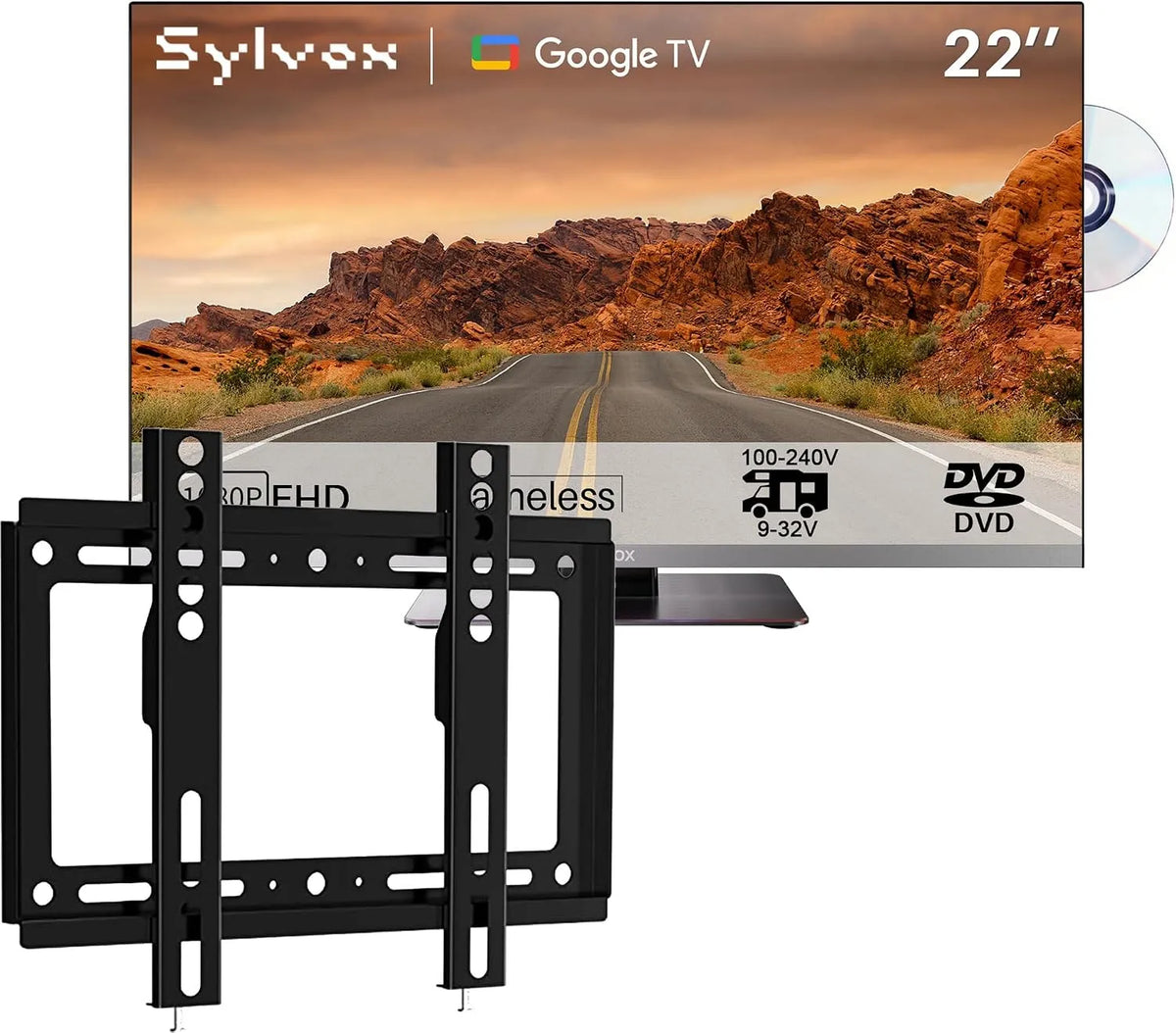 SYLVOX DVB/T2/S2 1080P, Televizory, 22 palců 12V TV pro motorhouse, Smart Google TV s DVD přehrávačem, FHD, Černá, 12V, 32V, 4G, 8V