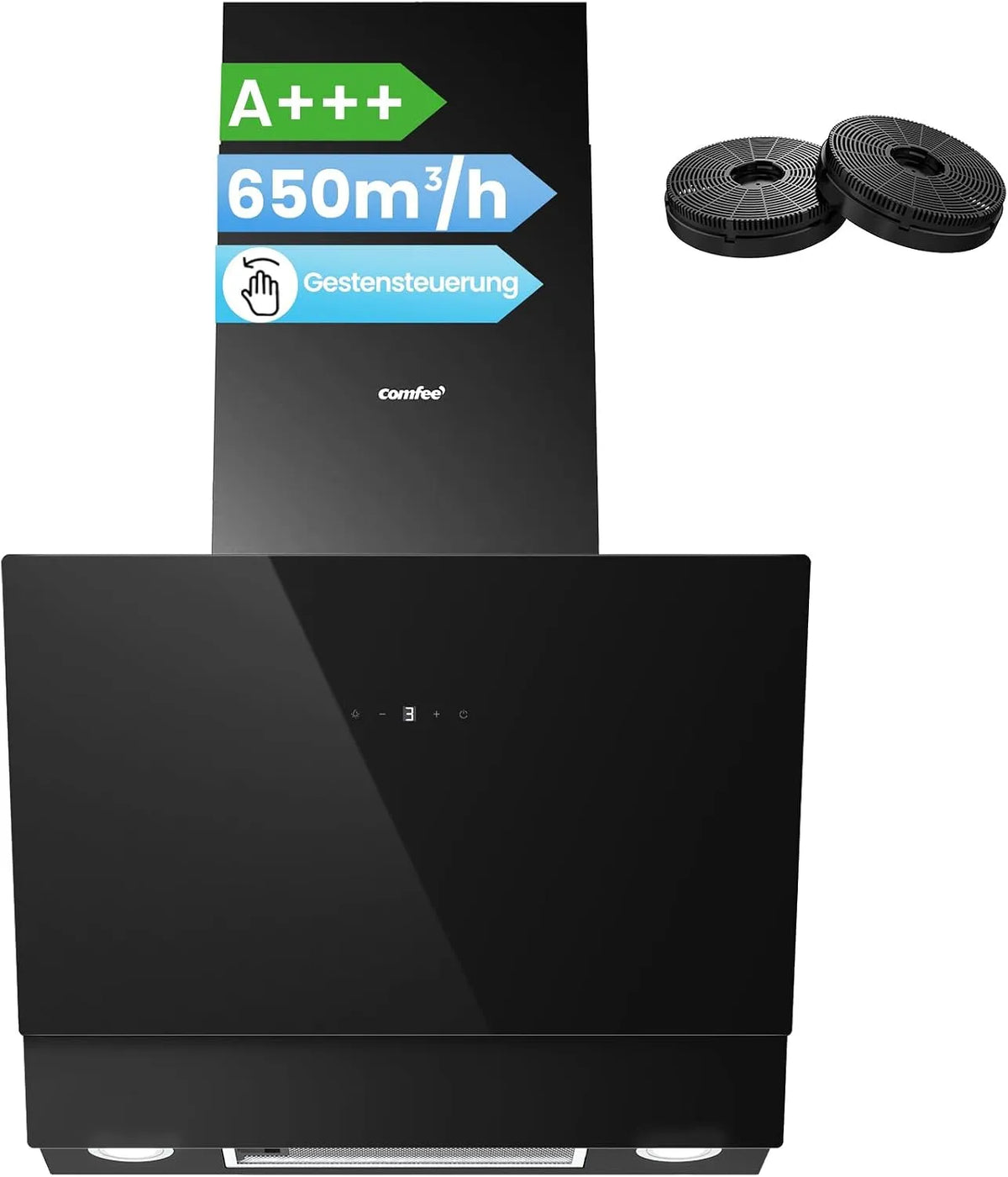 Comfee 650m3 CH60J72ET6A3B, Nástěnné digestoře, Bezhlavá kapota 60cm A + + + / h, Černá / stříbrná, 60cm, 1190mm, 530 mm