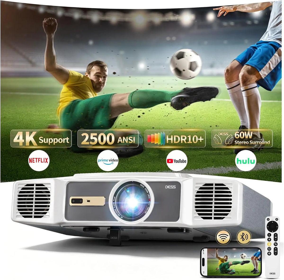 DESS, Projektory, C5 Enterprise GTV 4K Beamer v černé s Built- in Electric Bracket 2500 ANSI Lumen, Černá, 4K, 30W, 2.4G, 5G