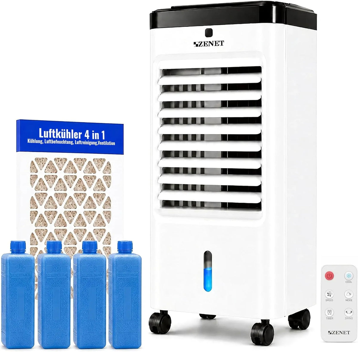 ZENET 4-in-1, Odpařovací chladiče, Air Cooler & Klimatizace Mobilní bez výfukové hadice (3.5L, 65W), Bílá, 3.5L