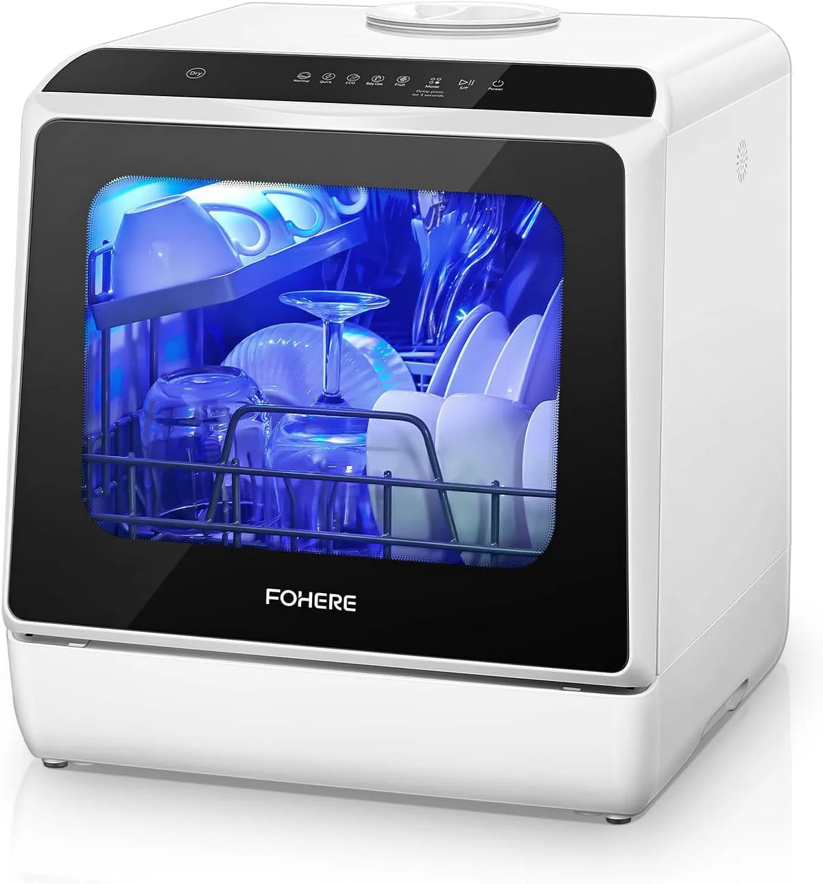 FOHERE 2-in-1, Stolní myčky nádobí, FOSERE Mini myčka s 5L nádrží, časovač funkce, voda, 6 programů, LED displej, Bílá, 5L, 1 v, 43x 43x46